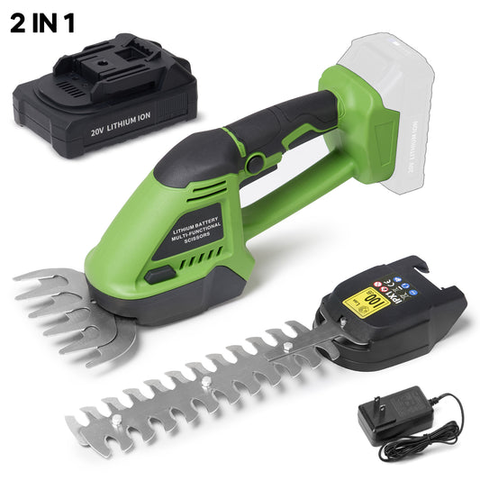GASKY 20V Cordless Hedge Trimmer, 2 in 1 Electric Grass Shear and Hedge Trimmer with Rechargeable 2.0Ah Battery, 2 Blades, Charger, Green