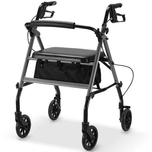 Gasky Foldable Rollator Walkers with Seat ,Steel Rolling Walker for Seniors, Height Adjustable & 6 wheels,300lbs,Gray