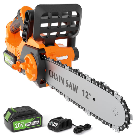 TACKLIFE 20V Chain Saw, 12” Handheld Electric Cordless Chainsaw with 4.0Ah Battery for Tree Wood Cutting