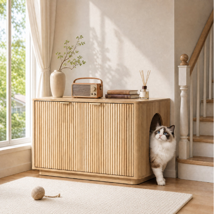 Gasky Cat Litter Box Enclosure, Modern Fluted Accent Furniture Hidden Odor Control Cat House & Side Table for Corner & Living Room