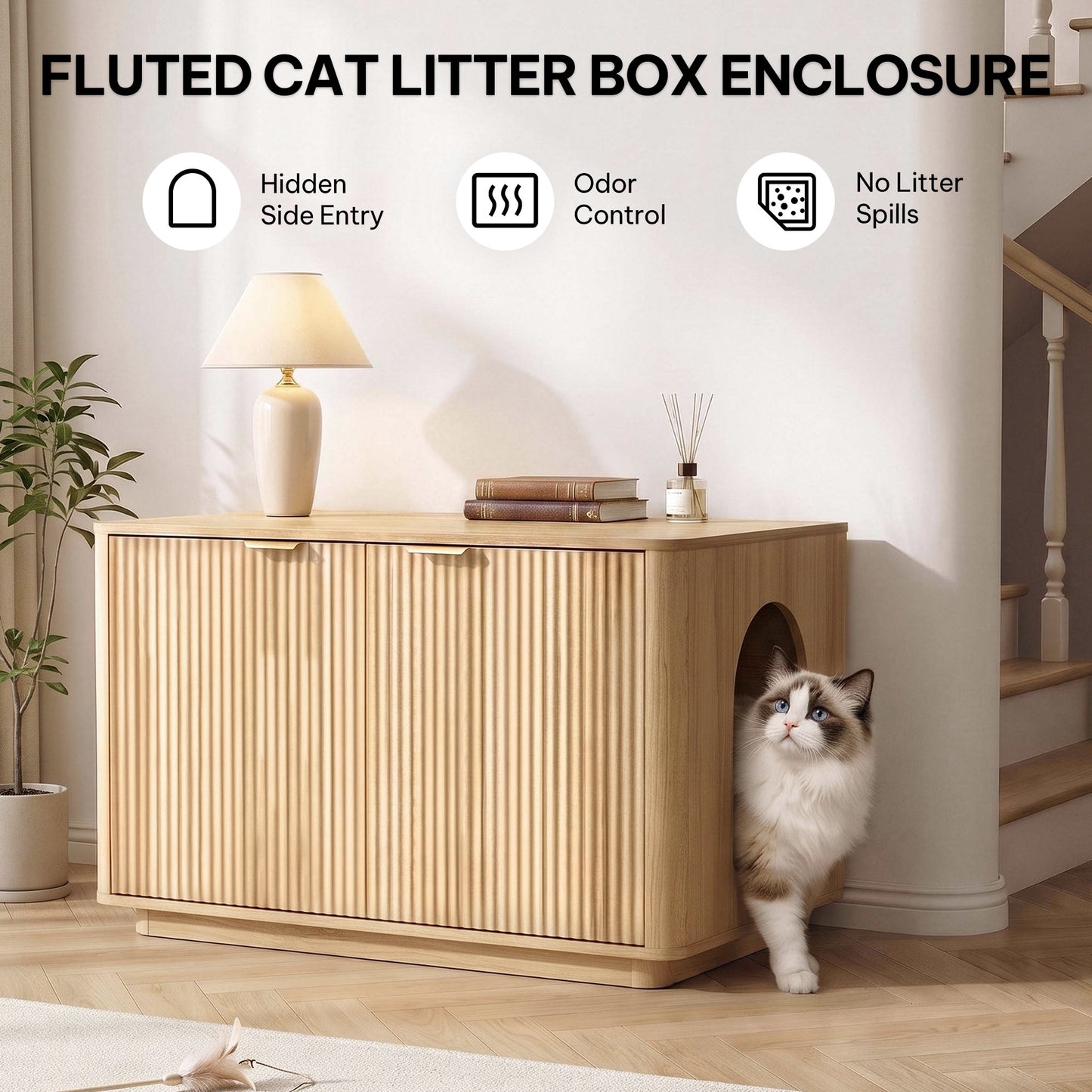 Gasky Cat Litter Box Enclosure, Modern Fluted Accent Furniture Hidden Odor Control Cat House & Side Table for Corner & Living Room
