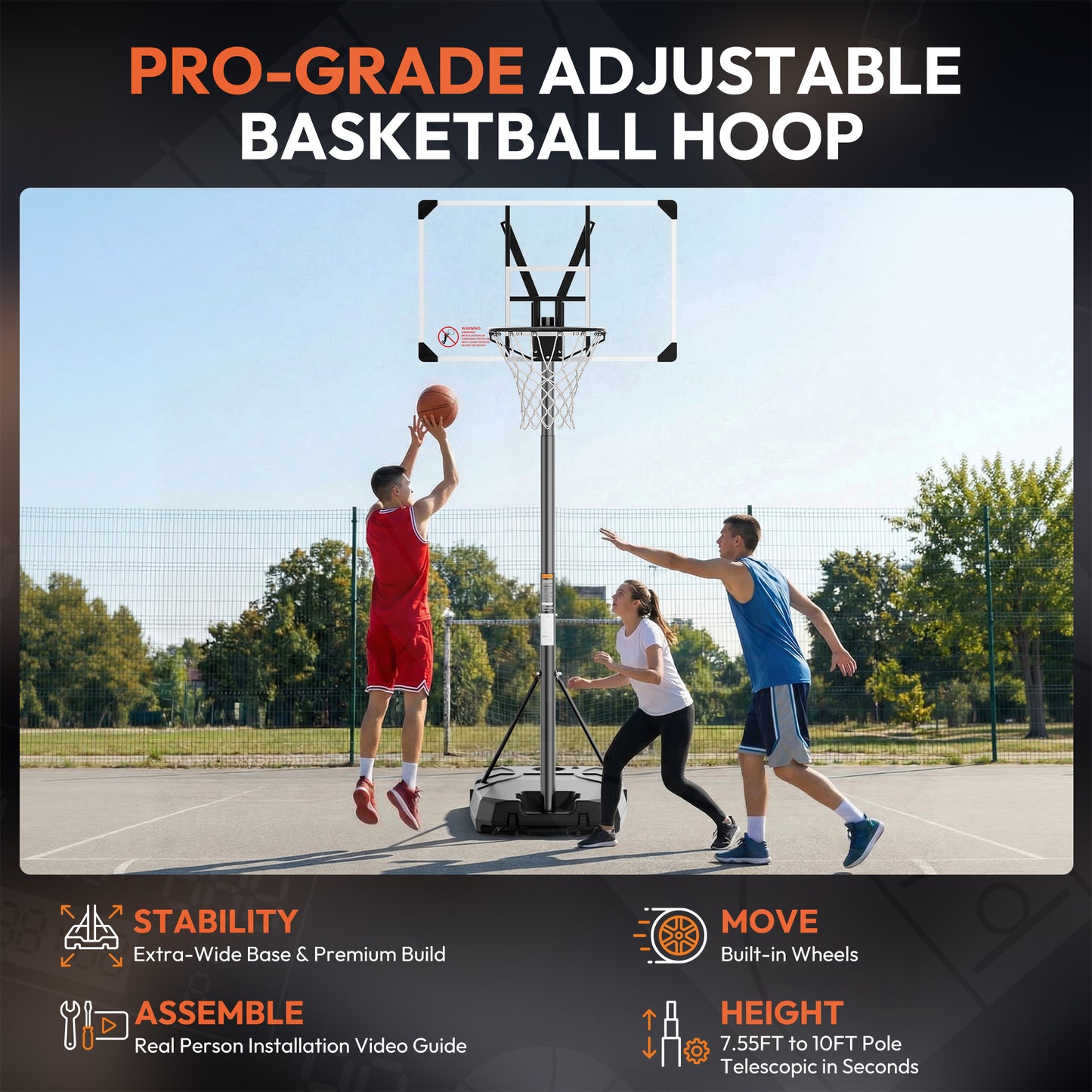 GASKY 44In Portable Basketball Hoop System 6.5 ft to 10 ft Height Adjustable Basketball Goal with Large Backboard Base and Wheels for Teenagers Adults outdoor Use Fathers Day Gifts