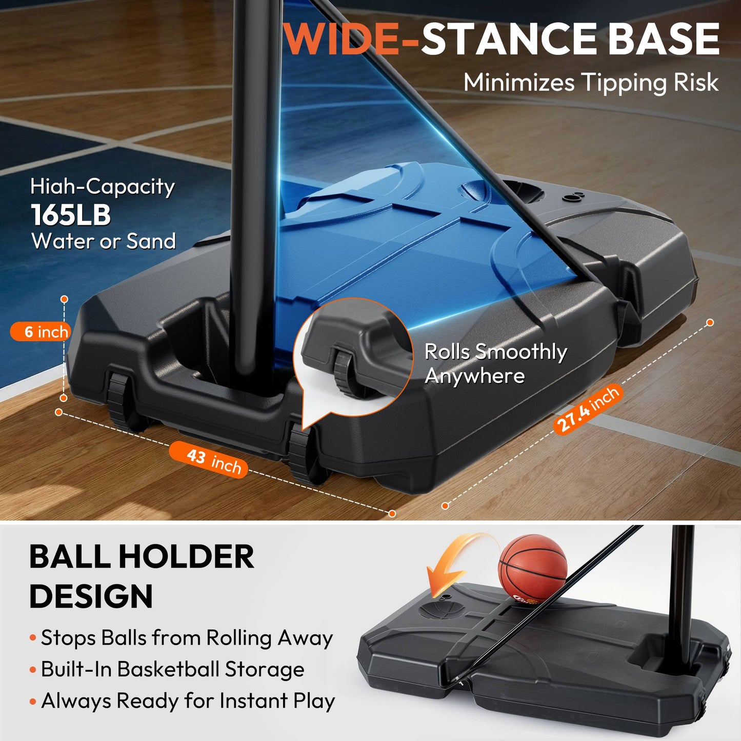 GASKY 44In Portable Basketball Hoop System 6.5 ft to 10 ft Height Adjustable Basketball Goal with Large Backboard Base and Wheels for Teenagers Adults outdoor Use Fathers Day Gifts