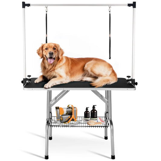 Gasky 46" Heavy Duty Dog Grooming Table, Easy Clean Pet Grooming Table Foldable for Large dogs, with Adjustable H-Shape Arm, 2 Nooses, Up to 330lbs