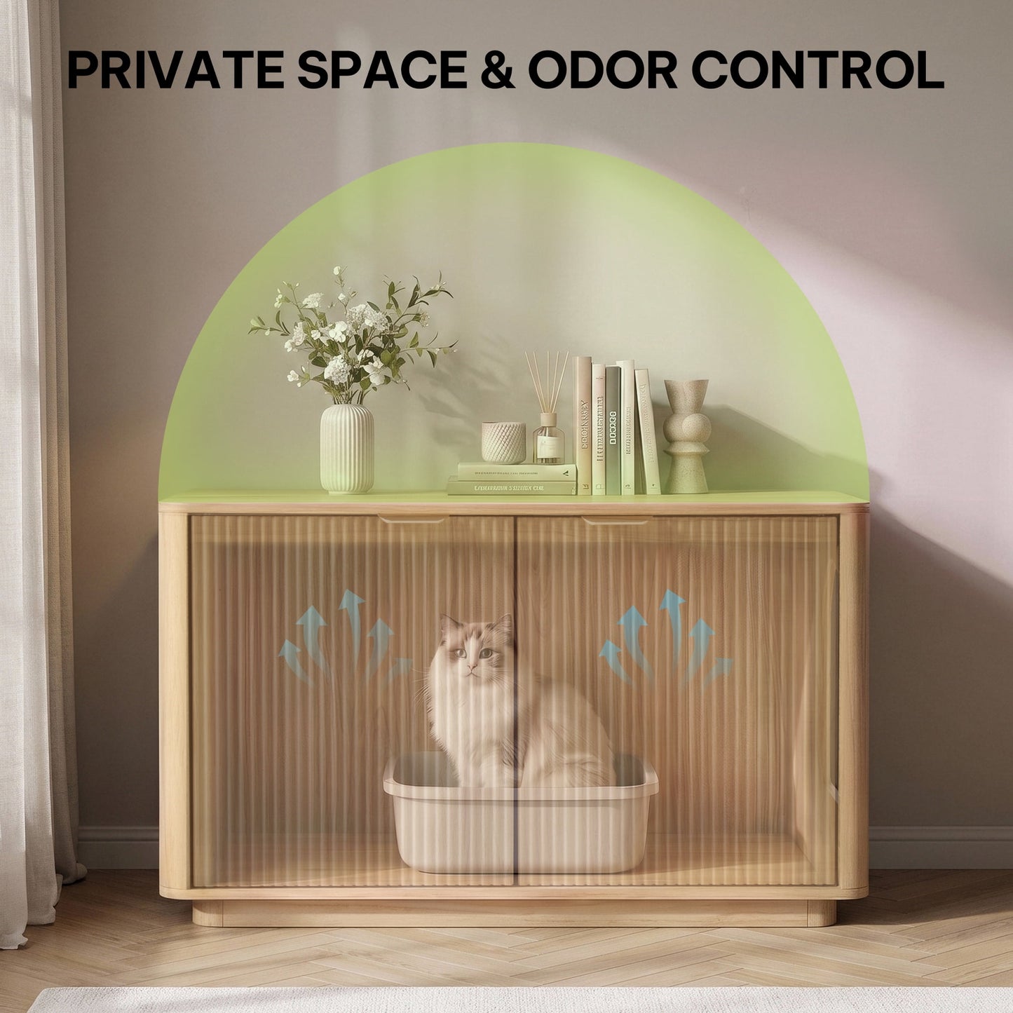 Gasky Cat Litter Box Enclosure, Modern Fluted Accent Furniture Hidden Odor Control Cat House & Side Table for Corner & Living Room