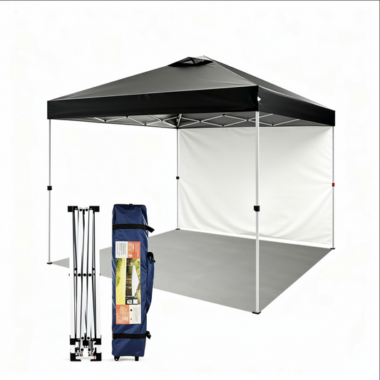 TACKLIFE 10'x10'Pop Up Canopy Tent,One Person Set-up Canopy with Sidewall&Carry Bag&Ropes&Stakes&Sandbags,All-Weather Portable Shelter for Outdoor Gatherings,Black