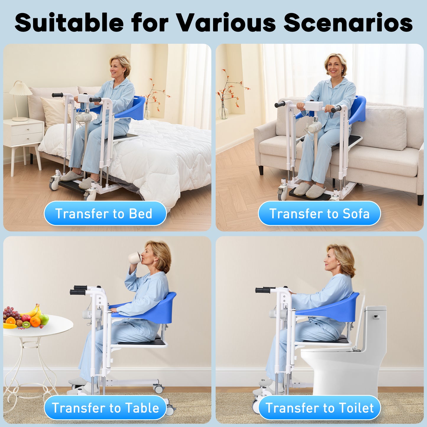 Electric Patient Lift Transfer Chair with Commode Portable Adjustable Height Medical Lift Aid for Elderly Disabled Adults, 330lbs Capacity