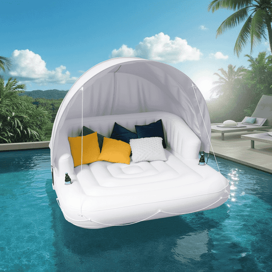 GASKY 70" Inflatable Pool Floats with Removable Canopy 2 Person Indoor & Outdoor Tanning Pool Lounger Built-in Cup Holders Portable Lounger for Backyard, Patio, Travel