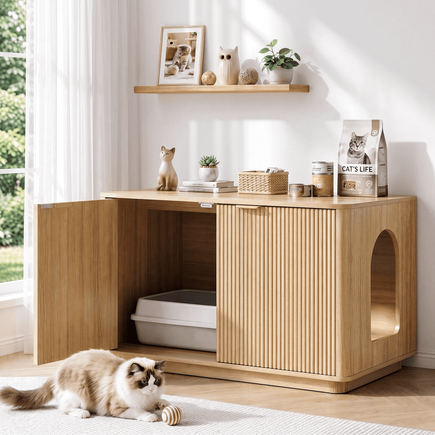 Gasky Cat Litter Box Enclosure, Modern Fluted Accent Furniture Hidden Odor Control Cat House & Side Table for Corner & Living Room