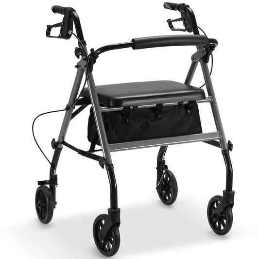 Gasky Foldable Rollator Walkers with Seat ,Steel Rolling Walker for Seniors, Height Adjustable & 6 wheels,300lbs,Gray