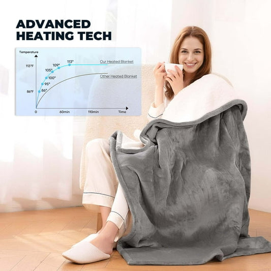 GASKY Flannel & Shu Velvet 50x60 Inches Heated Blanket 6 Heat Settings Electric Blanket Machine Washable Heated Throw Blanket for Adults, Home Office Use Grey White