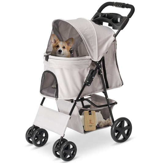 GASKY 4-Wheel Pet Stroller, One-Click Folding Dog Stroller with Storge Basket/Cup Holder and Safety Leash, Max Load 35 lbs, for Small and Medium Dogs/Cats, Gray