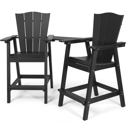 Tall Adirondack Chairs Set of 2 HDPE Outdoor Bar Stools with Removable Connecting Tray,Bar Height Chairs with Umbrella Hole for Patio, Balcony, Deck,Black