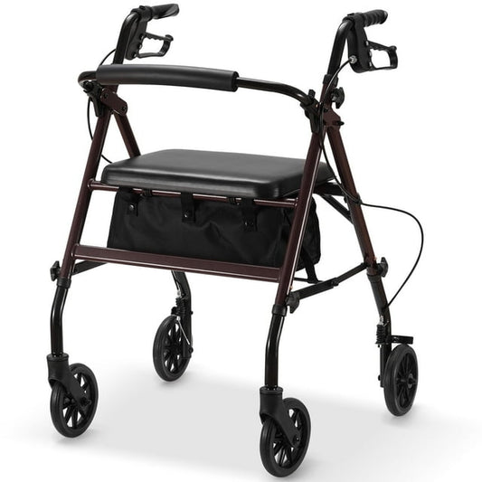Rollator Walkers for Seniors with Seat & Handles, Foldable Rolling Medical Rollator Walker with Wheels, Aluminum Frame Supports 300 lbs (Burgundy)