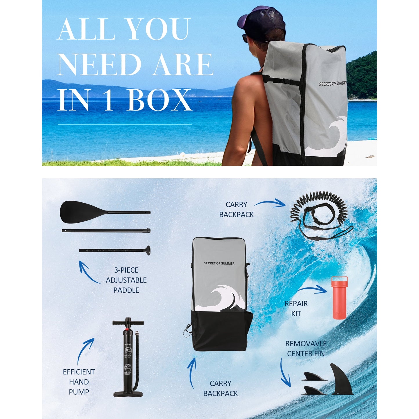 GASKY Inflatable Paddle Board 6 in Thick Stand Up Paddle Board with Aluminum Adjustable Paddle Accessories Carry Bag Blue