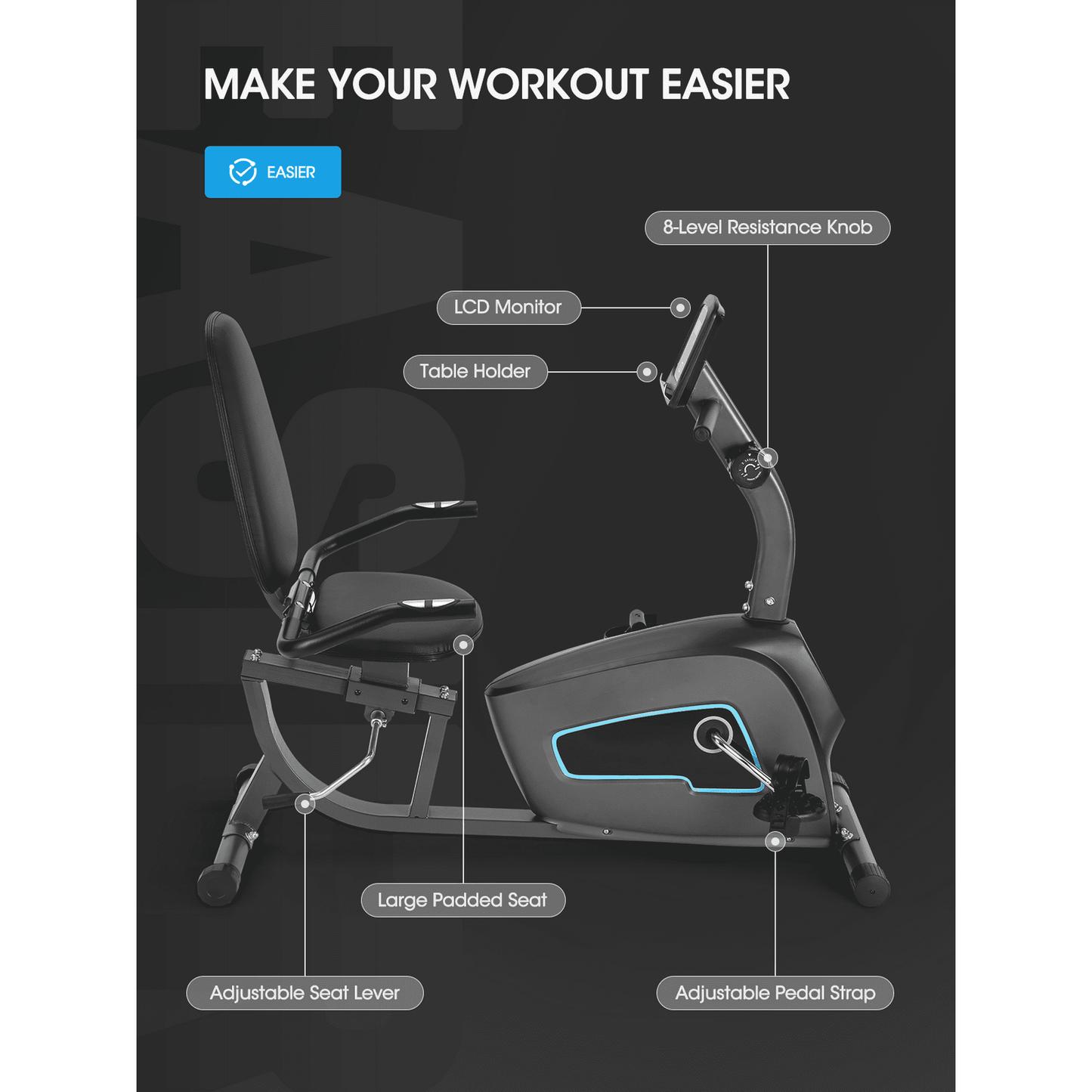 Recumbent Exercise Bike with 8 Levels Adjustable Resistance LCD Monitor and Pad Holder