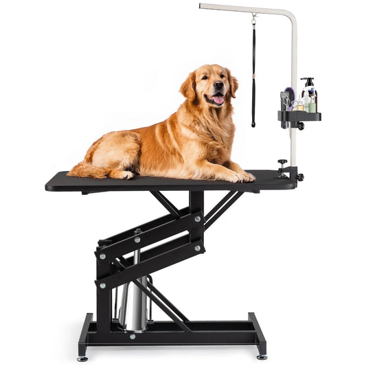 Gasky 42" Hydraulic Pet Grooming Table, Heav Duty Z-Lift Dog Grooming Table, with Anti-Static Tabletop, Leash Covers, Storage Basket, Hooks, Capacity Up to 350LBS