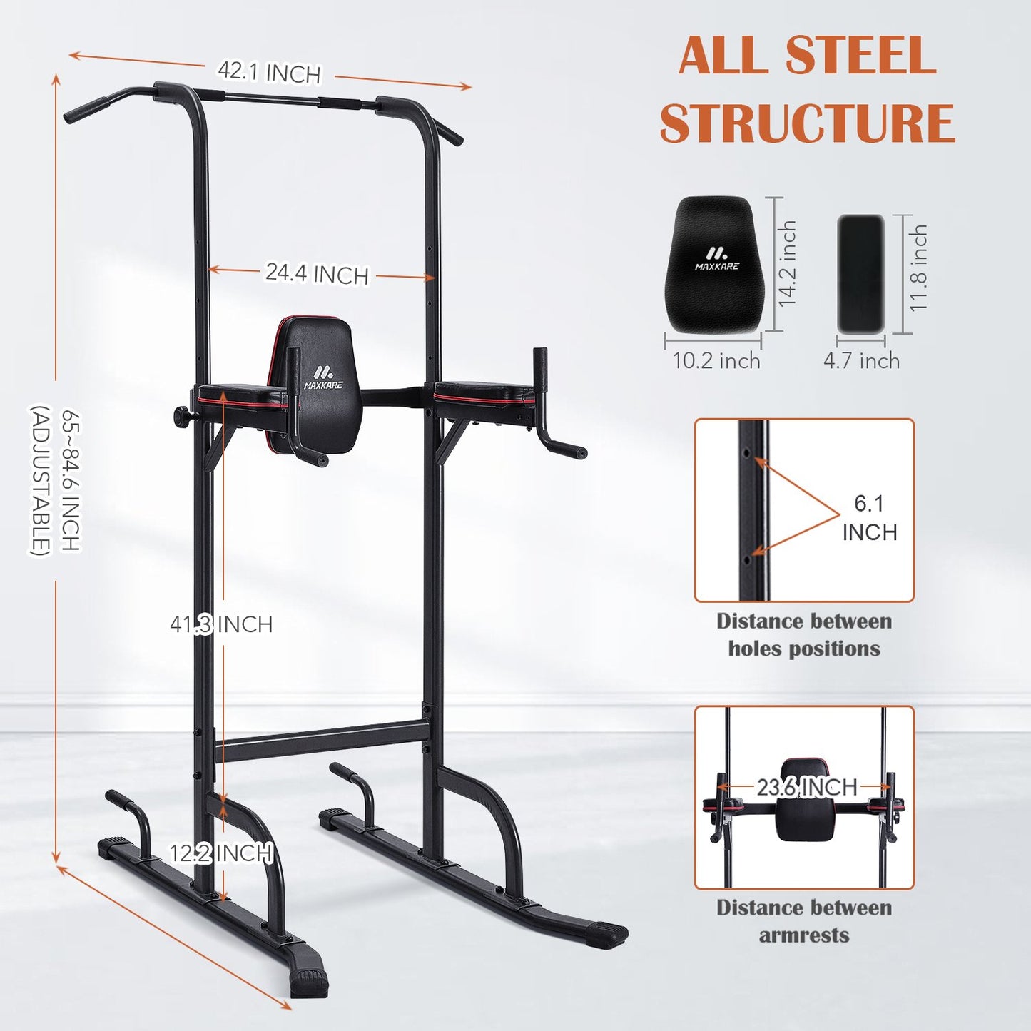 4 Level Adjustable Power Tower Workout Dip Stand Pull Up Bar Station-Strength Training Fitness Exercise Equipment for Home Gym-New Version