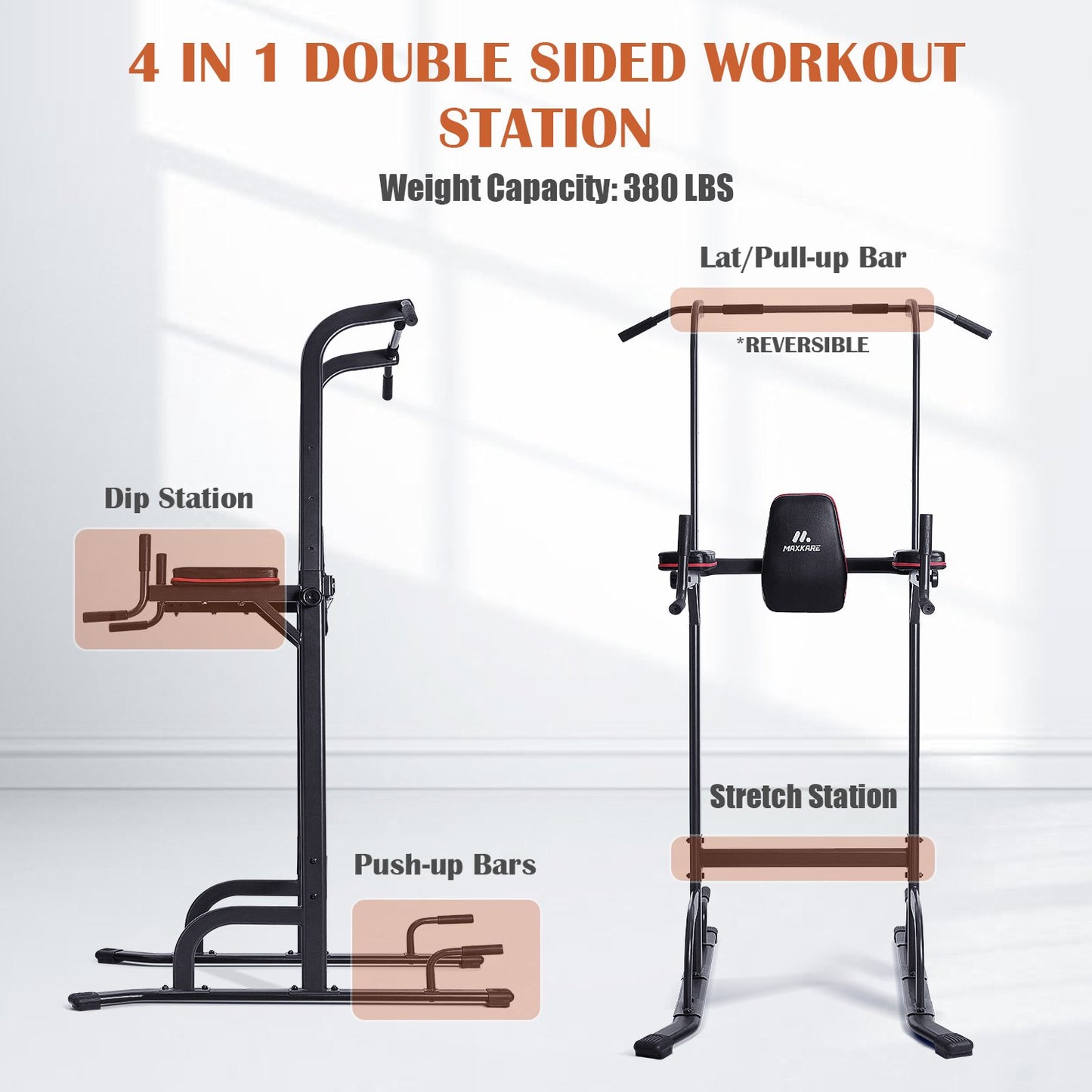 4 Level Adjustable Power Tower Workout Dip Stand Pull Up Bar Station-Strength Training Fitness Exercise Equipment for Home Gym-New Version