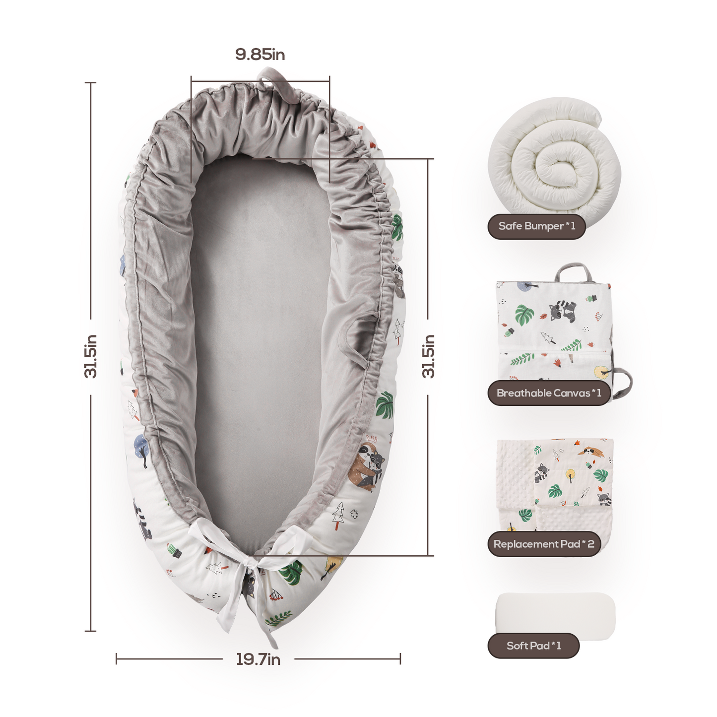 Baby Lounger Baby Nest Portable Newborn Co Sleeping,  Ideal for Newborn Shower Gift (Sloth & baby raccoon)