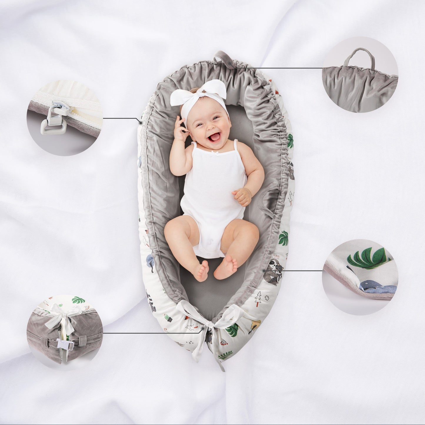Baby Lounger Baby Nest Portable Newborn Co Sleeping,  Ideal for Newborn Shower Gift (Sloth & baby raccoon)