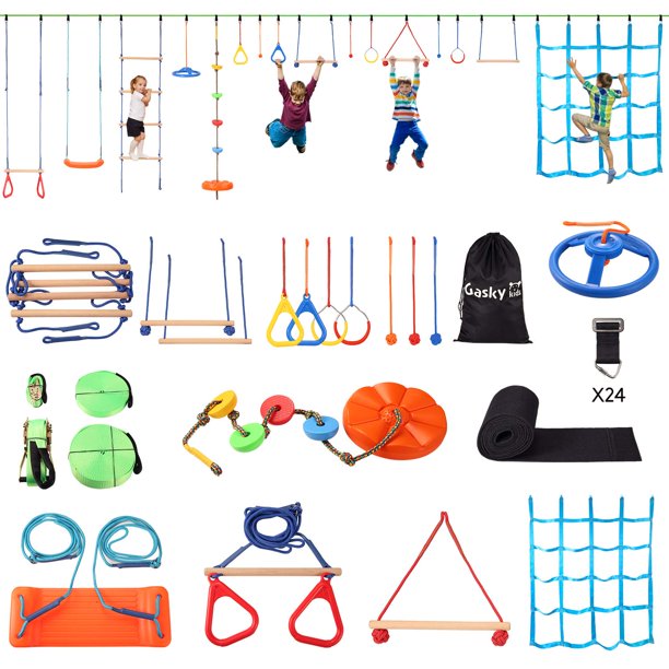 Ninja Warrior 16 Obstacles Course Kit for Kids-55ft Slackline Kit Back ...