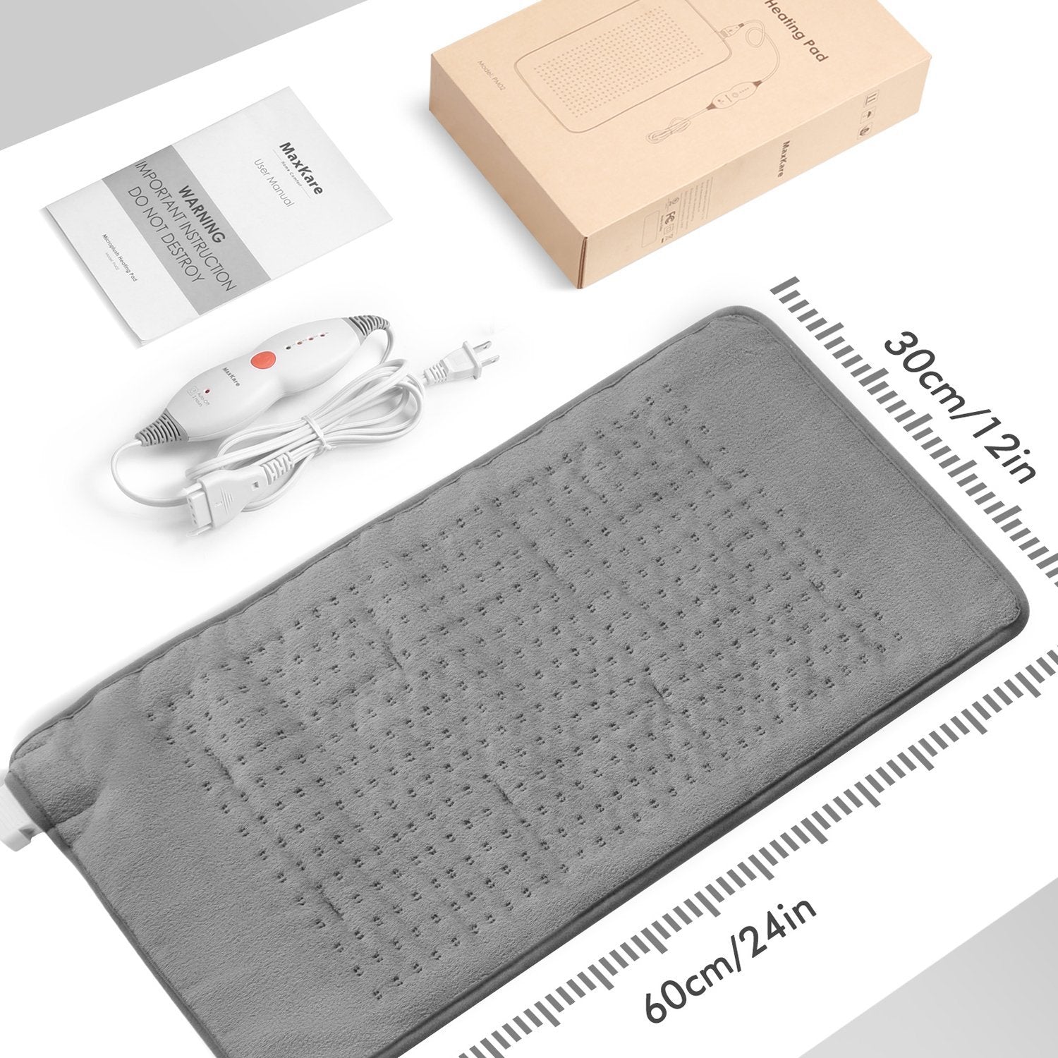 Large 12" x 24" Size Heating Pad with 3 Heat Settings and 2 Hour Auto shut off, Iron Grey - NAIPO