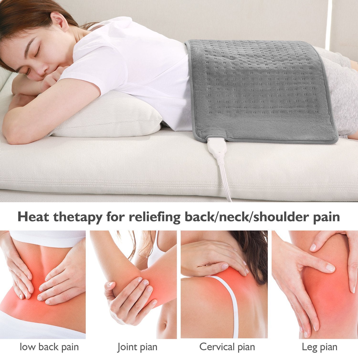 Large 12" x 24" Size Heating Pad with 3 Heat Settings and 2 Hour Auto shut off, Iron Grey - NAIPO