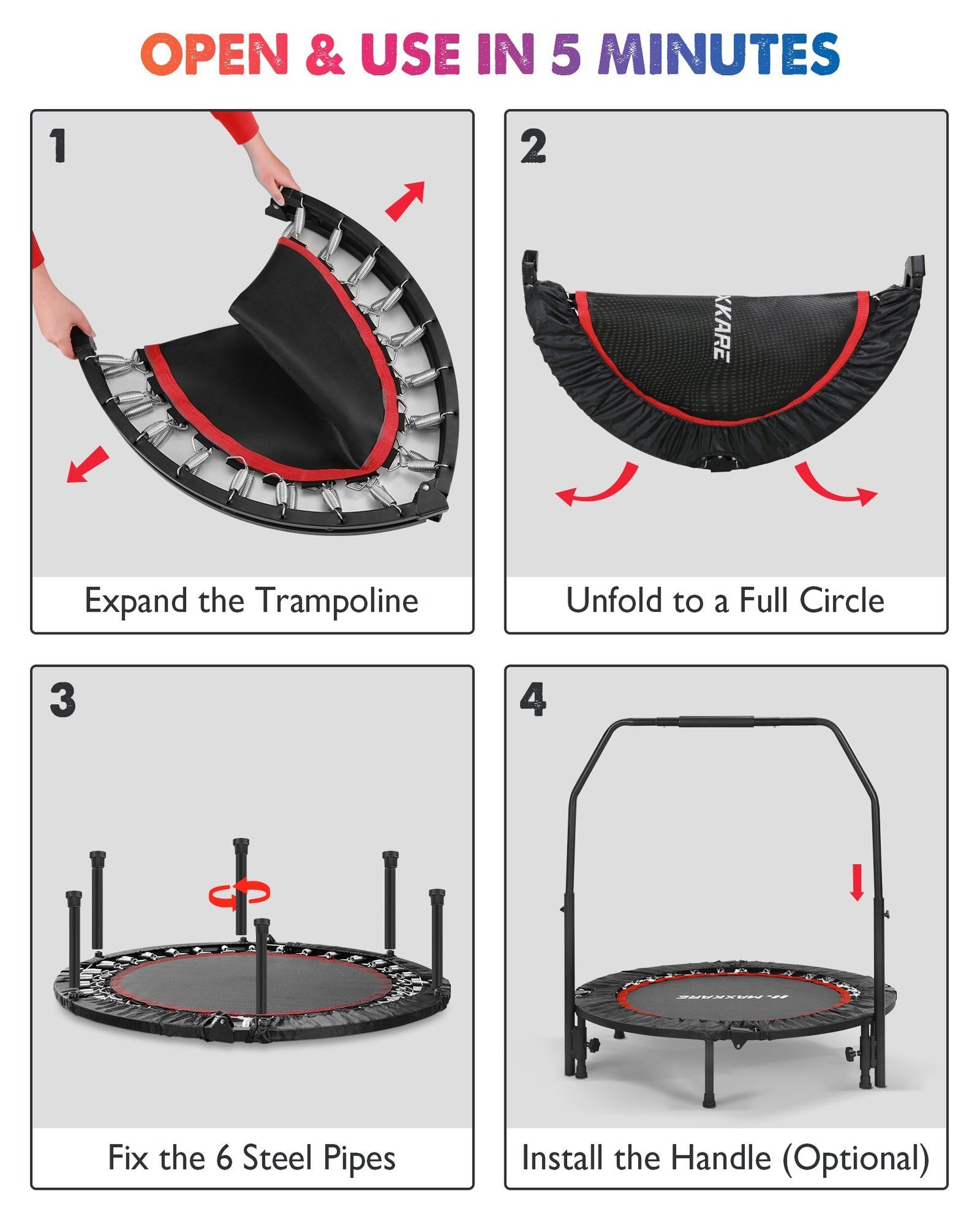 MaxKare 40” Fitness Trampoline-Exercise Rebounder for Indoor & Outdoor Foldable Design w. Adjustable Handle - NAIPO