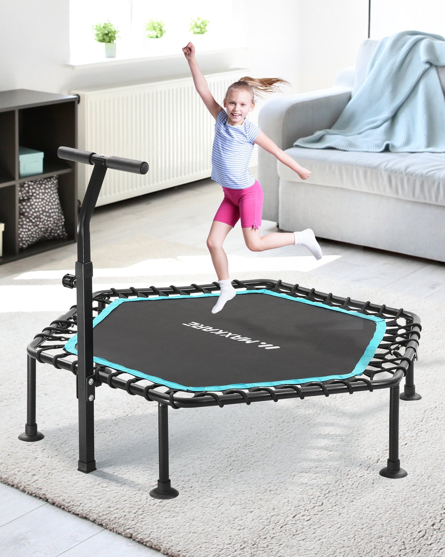 MaxKare 50" Mini Trampoline Fitness Hexagon Exercise Rebounder, 3-Level Adjustable Foam Handle for Adults Kids Toddler Indoor Home Workout, 220 LBS Capacity - NAIPO