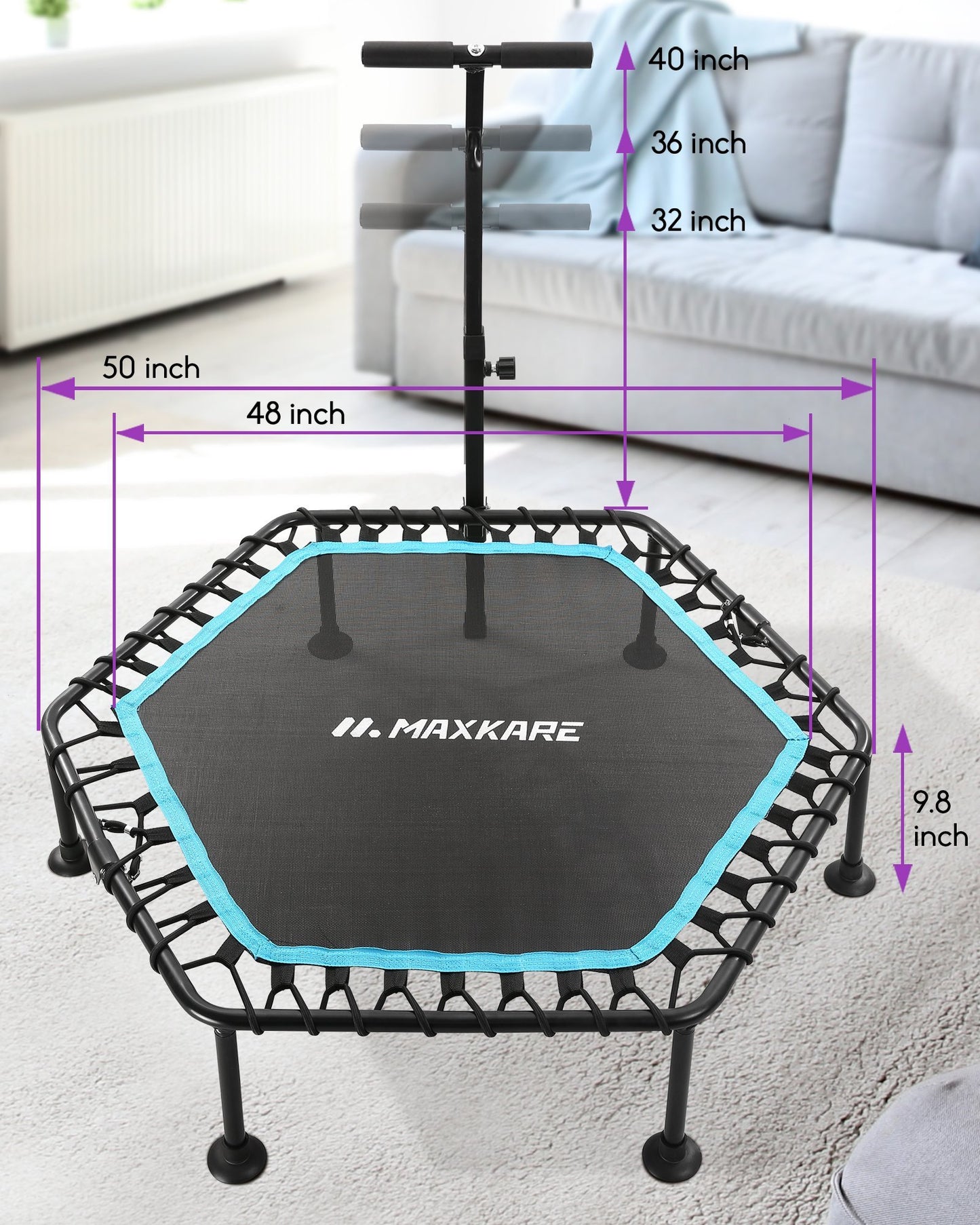 MaxKare 50" Mini Trampoline Fitness Hexagon Exercise Rebounder, 3-Level Adjustable Foam Handle for Adults Kids Toddler Indoor Home Workout, 220 LBS Capacity - NAIPO