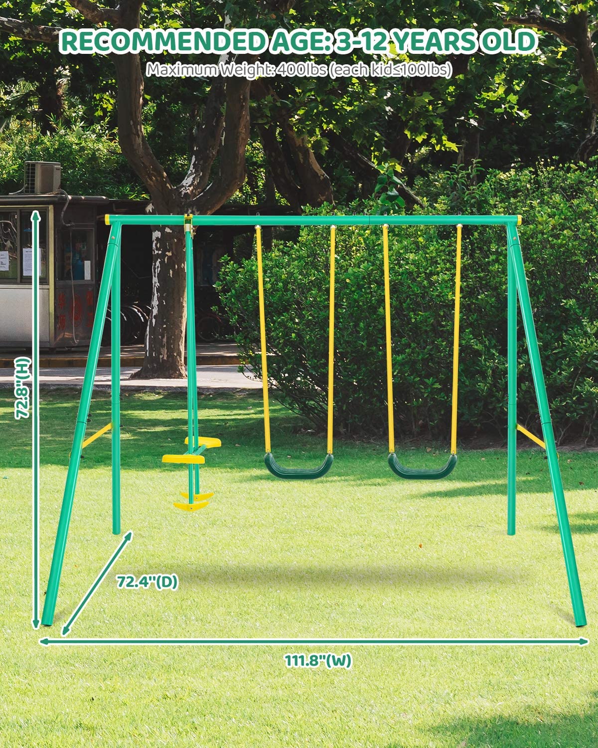 MaxKare Metal Swing Set Outdoor Backyard Playground Swing Set 2 Seats with A Swing Glider for 3-12 Year Old Kids, Toddlers, Max Weight 400 LBS - NAIPO
