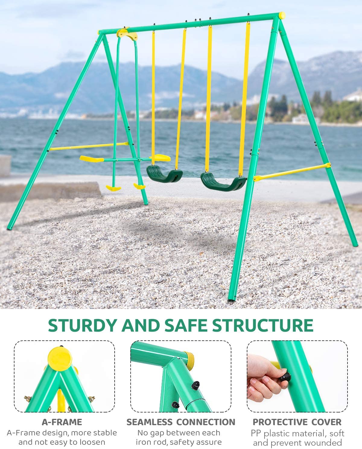 MaxKare Metal Swing Set Outdoor Backyard Playground Swing Set 2 Seats with A Swing Glider for 3-12 Year Old Kids, Toddlers, Max Weight 400 LBS - NAIPO