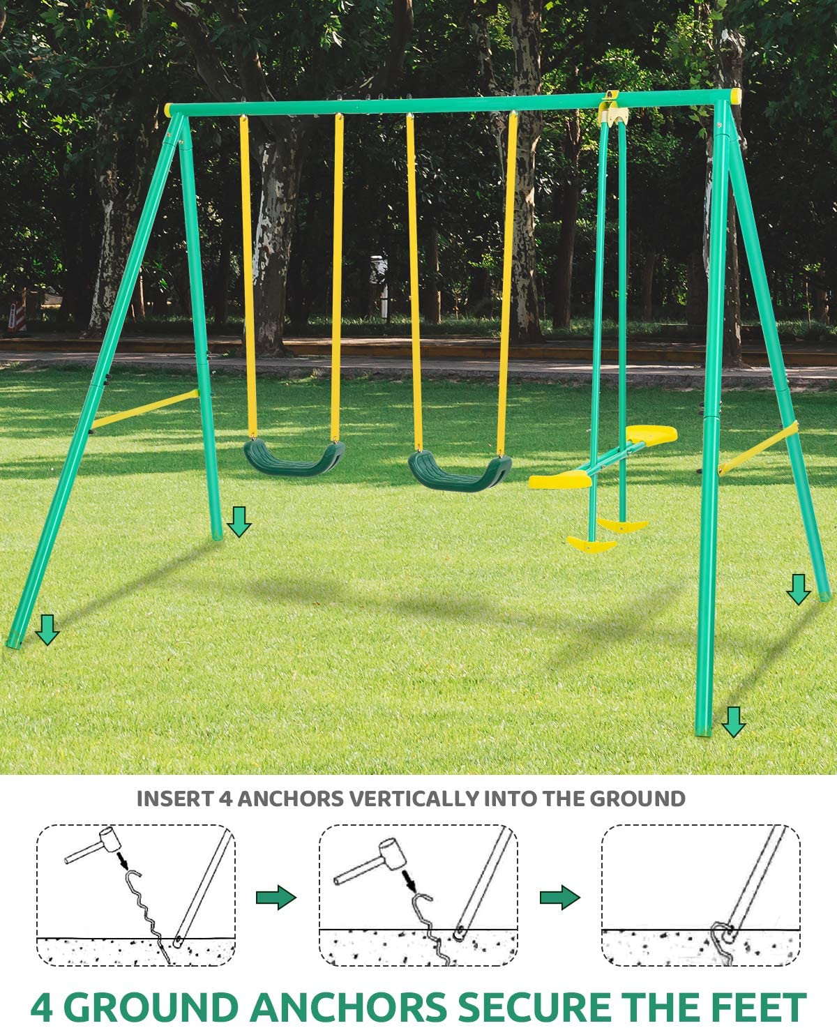 MaxKare Metal Swing Set Outdoor Backyard Playground Swing Set 2 Seats with A Swing Glider for 3-12 Year Old Kids, Toddlers, Max Weight 400 LBS - NAIPO
