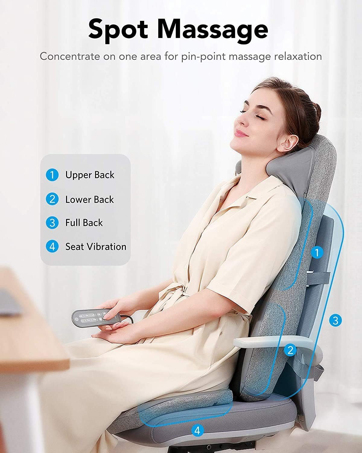 Naipo Back & Neck Shiatsu Massage Cushion Pad with Heat, Height Adjustable Kneading Rolling Massage Chair Pad - NAIPO