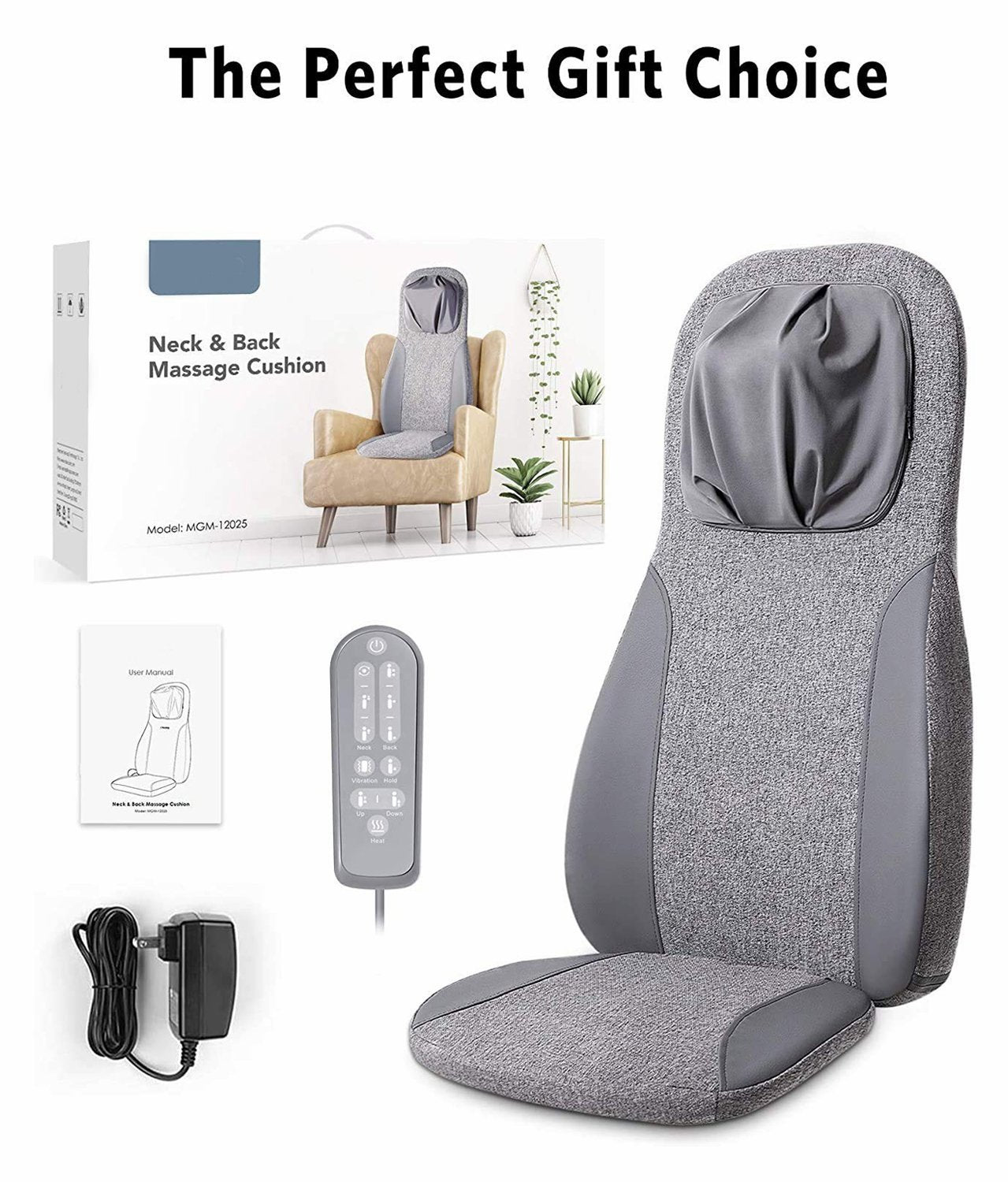 Naipo Back & Neck Shiatsu Massage Cushion Pad with Heat, Height Adjustable Kneading Rolling Massage Chair Pad - NAIPO