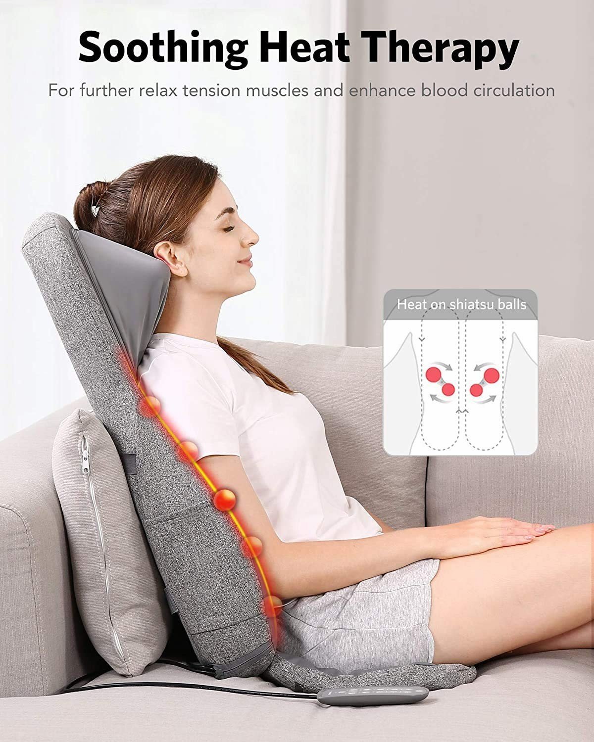 Naipo Back & Neck Shiatsu Massage Cushion Pad with Heat, Height Adjustable Kneading Rolling Massage Chair Pad - NAIPO