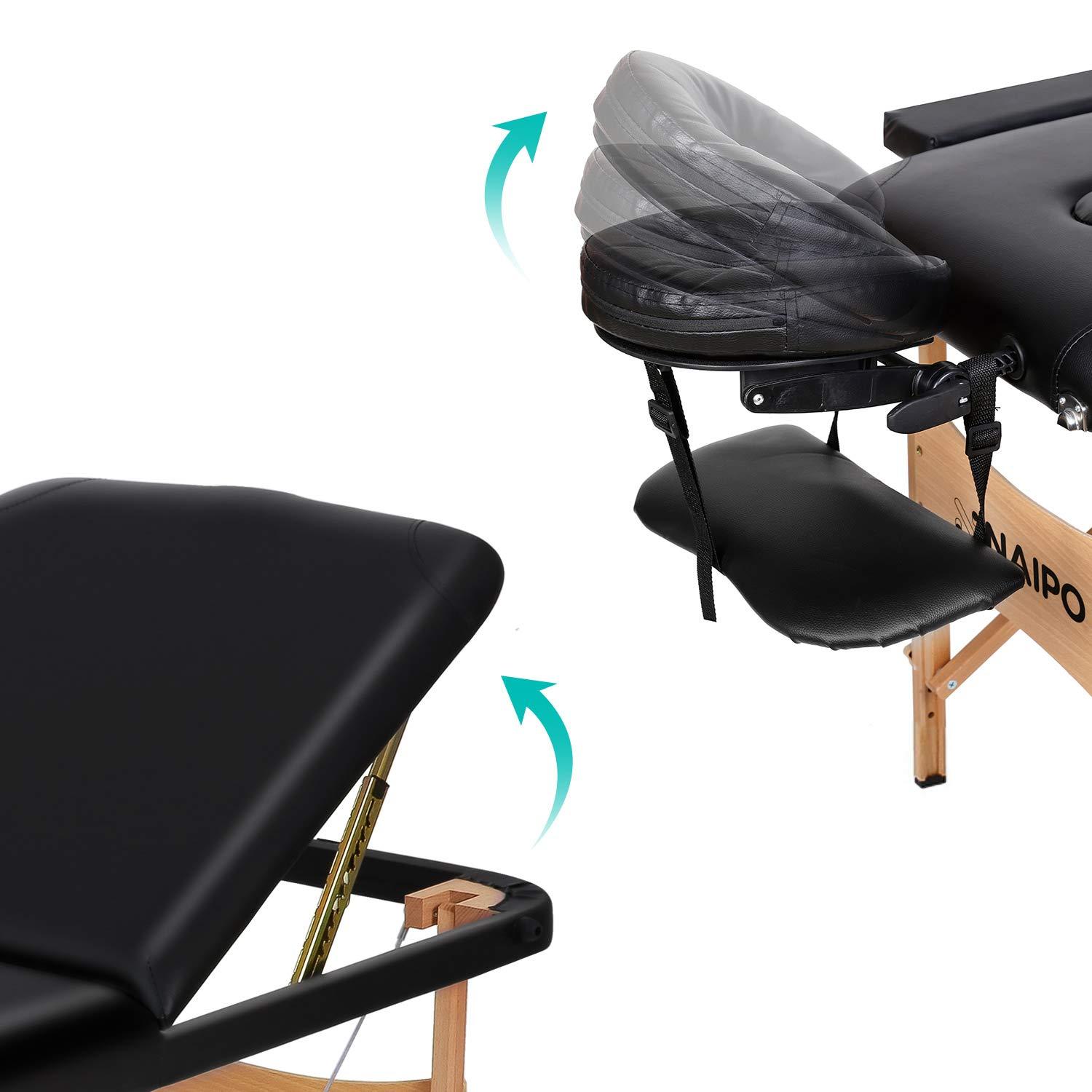 Naipo Portable Massage Table Professional Adjustable Folding Bed with 3 Sections Wooden Frame Ergonomic Headrest and Carrying Bag for Therapy Tattoo Salon Spa Facial Treatment - NAIPO