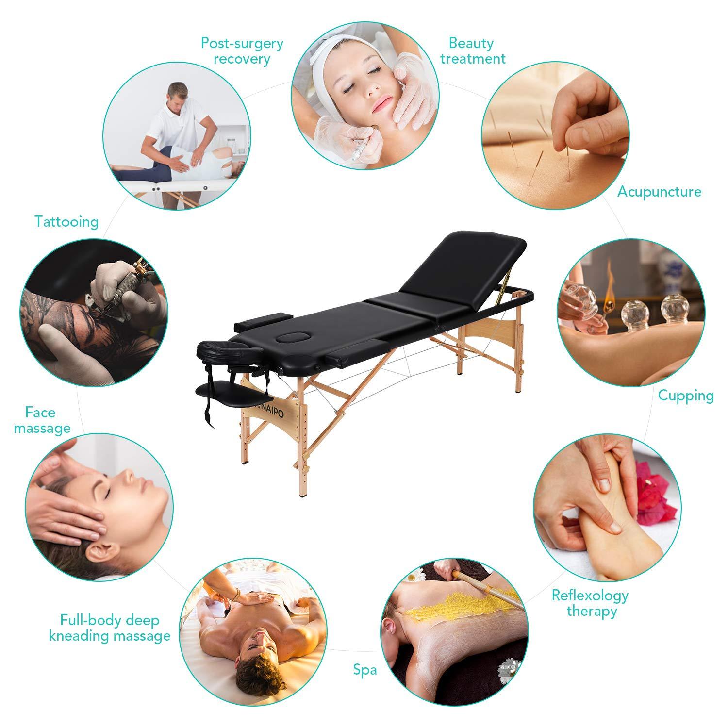 Naipo Portable Massage Table Professional Adjustable Folding Bed with 3 Sections Wooden Frame Ergonomic Headrest and Carrying Bag for Therapy Tattoo Salon Spa Facial Treatment - NAIPO