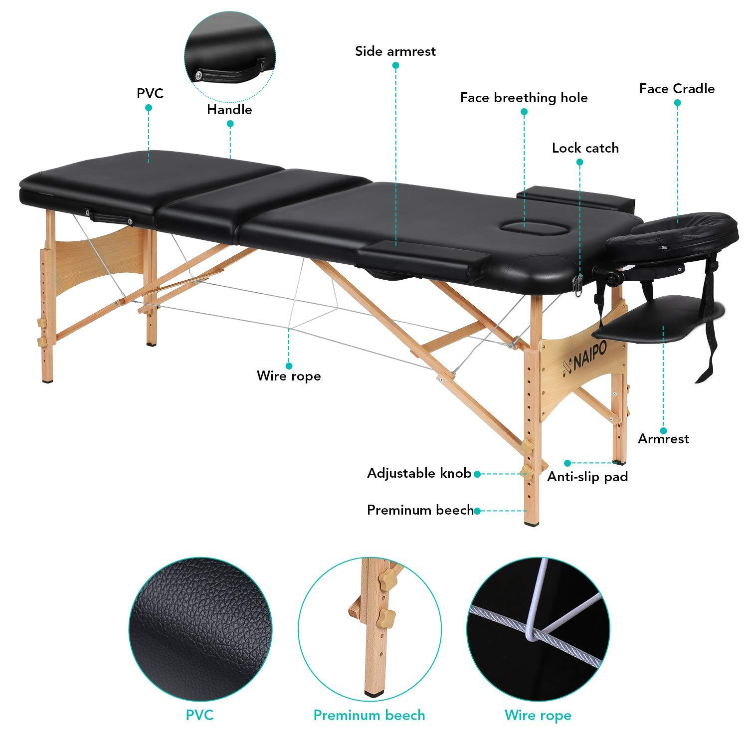 Naipo Portable Massage Table Professional Adjustable Folding Bed with 3 Sections Wooden Frame Ergonomic Headrest and Carrying Bag for Therapy Tattoo Salon Spa Facial Treatment - NAIPO