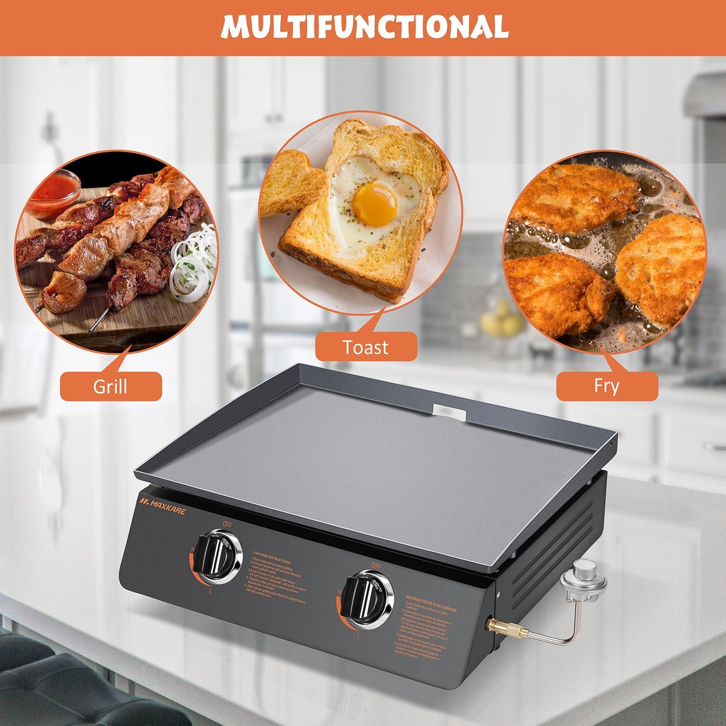 Tabletop Gas Griddle Gas Grill 22 Inch BBQ Propane Portable Grill with 2 Burners 20000 BTU for Outdoor Camping and Tailgating - NAIPO